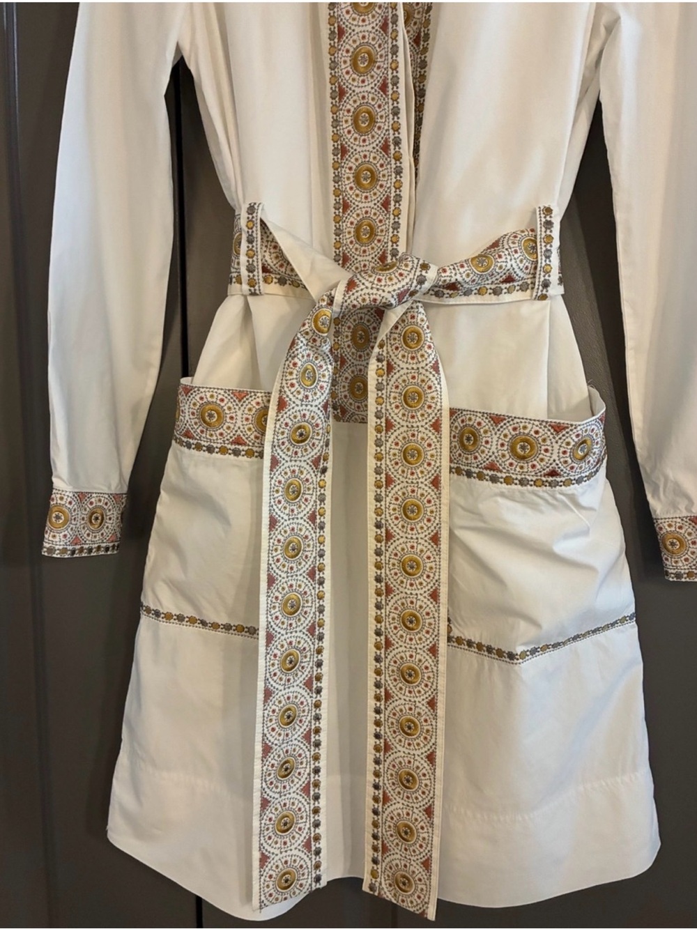 White Embroidered Belted Shirt Dress with Gold Accents - Picture 2 of 5